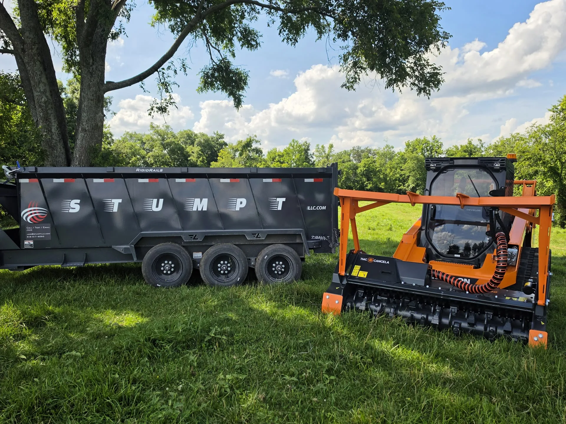 Stumpt LLC Develon DTL35 with forestry mulcher head and gooseneck dump trailer